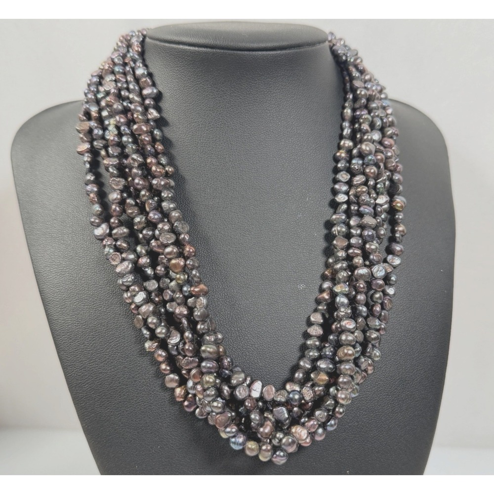 Vintage Black Peacock Pearl Necklace 8 Strands Beaded Sterling Silver Clasp 18"